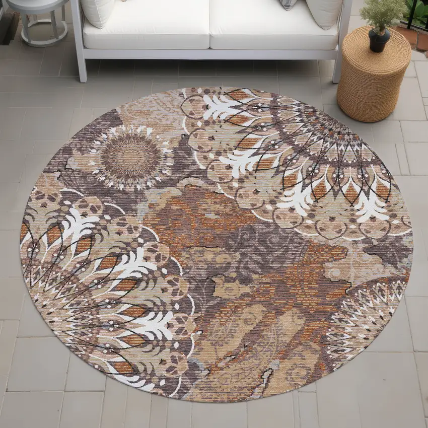 8' Copper Ivory And Khaki Round Paisley Washable Indoor Outdoor Area Rug Photo 8