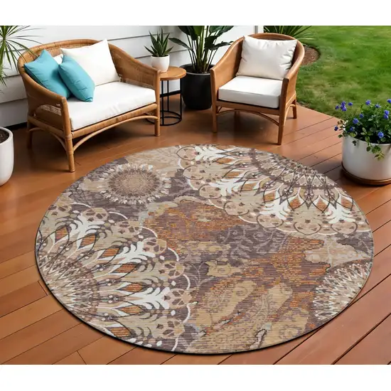 8' Copper Ivory And Khaki Round Paisley Washable Indoor Outdoor Area Rug Photo 1
