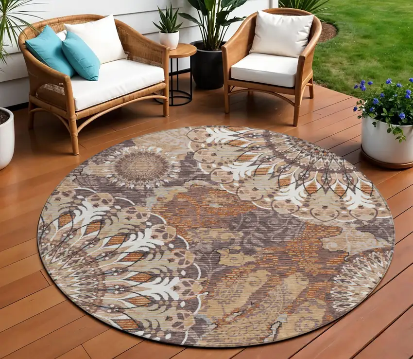 8' Copper Ivory And Khaki Round Paisley Washable Indoor Outdoor Area Rug Photo 1
