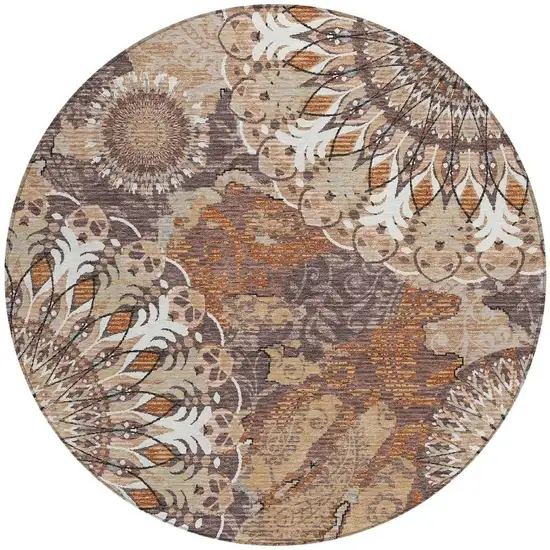 8' Copper Ivory And Khaki Round Paisley Washable Indoor Outdoor Area Rug Photo 4