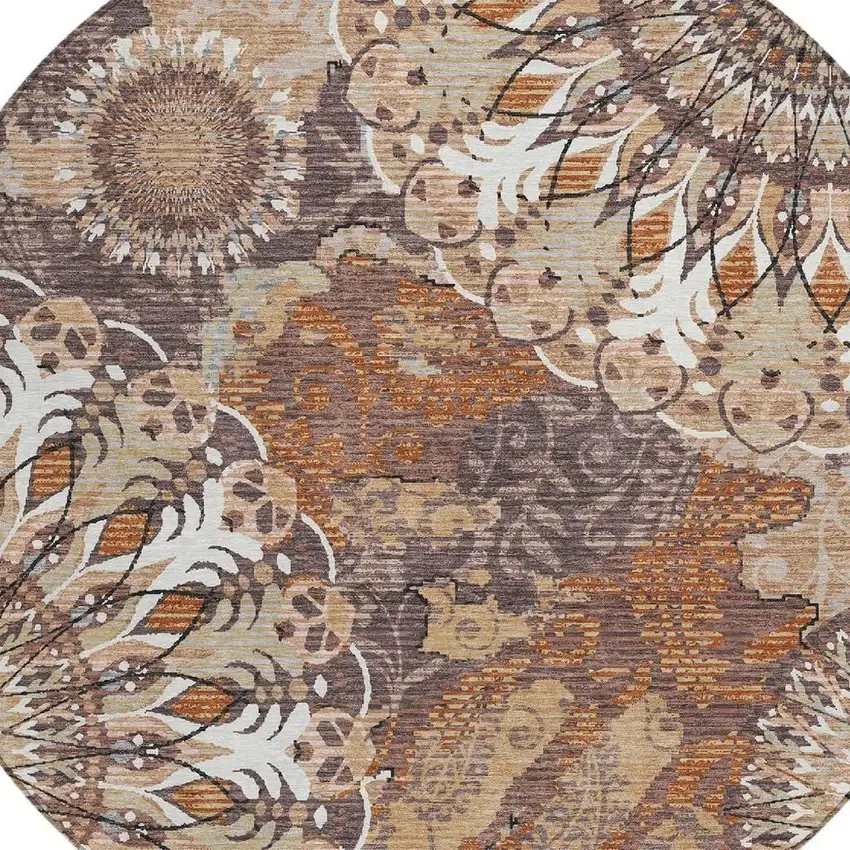 8' Copper Ivory And Khaki Round Paisley Washable Indoor Outdoor Area Rug Photo 7
