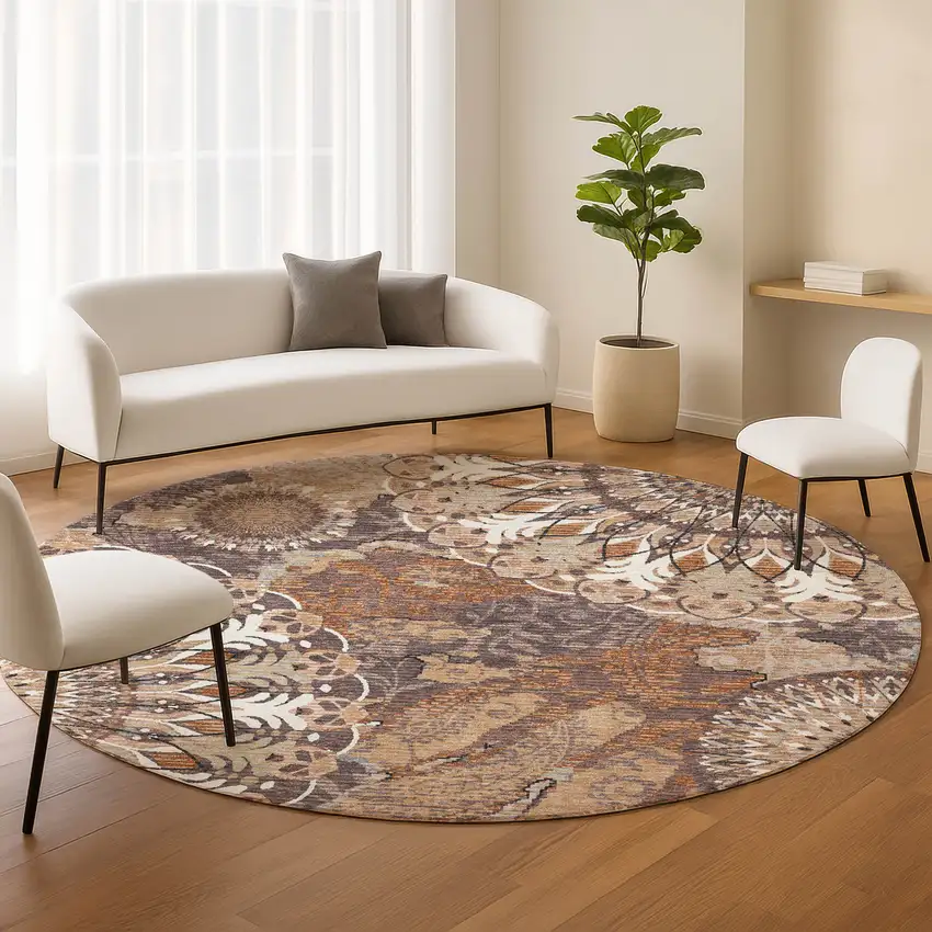 8' Copper Ivory And Khaki Round Paisley Washable Indoor Outdoor Area Rug Photo 9