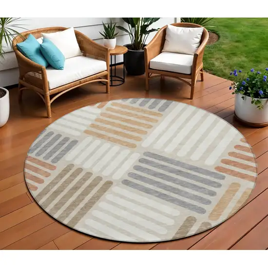 8' Copper Ivory And Rust Round Geometric Washable Indoor Outdoor Area Rug Photo 1