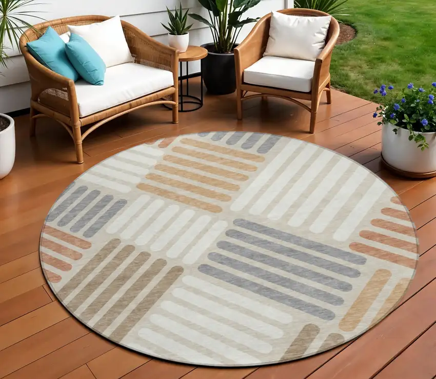 8' Copper Ivory And Rust Round Geometric Washable Indoor Outdoor Area Rug Photo 1