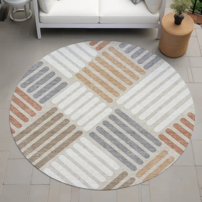 8' Copper Ivory And Rust Round Geometric Washable Indoor Outdoor Area Rug Photo 7