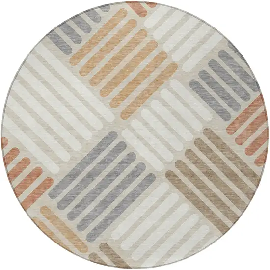 8' Copper Ivory And Rust Round Geometric Washable Indoor Outdoor Area Rug Photo 4