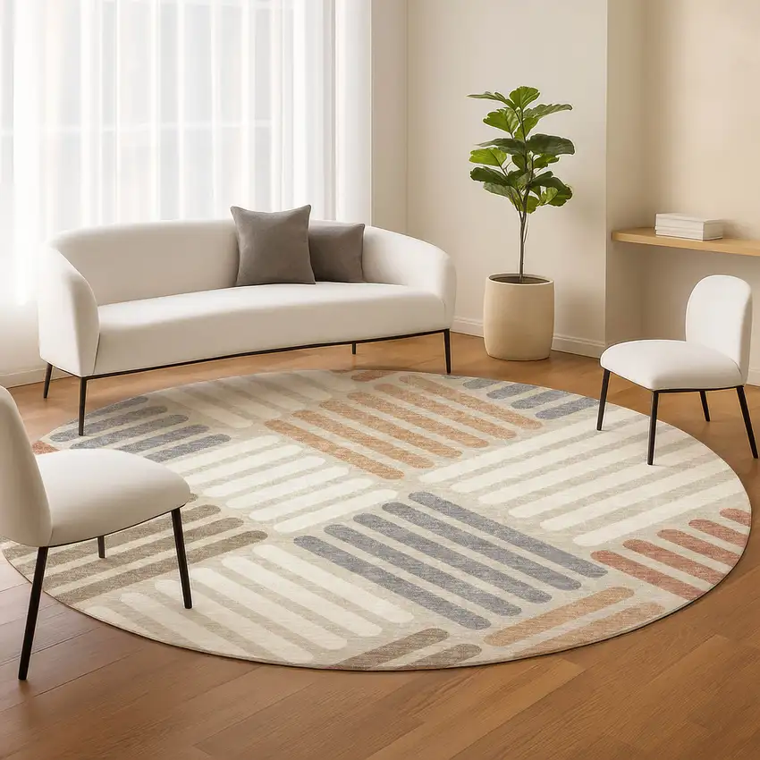 8' Copper Ivory And Rust Round Geometric Washable Indoor Outdoor Area Rug Photo 8