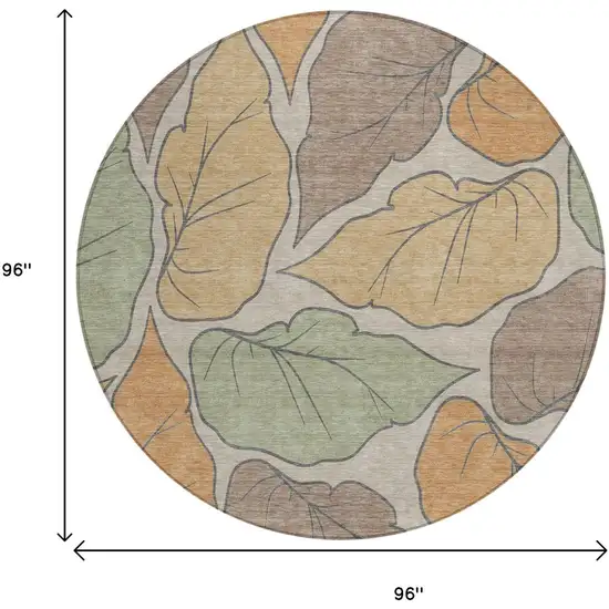8' Copper Ivory And Sage Round Botanical Leaves Washable Indoor Outdoor Area Rug Photo 3