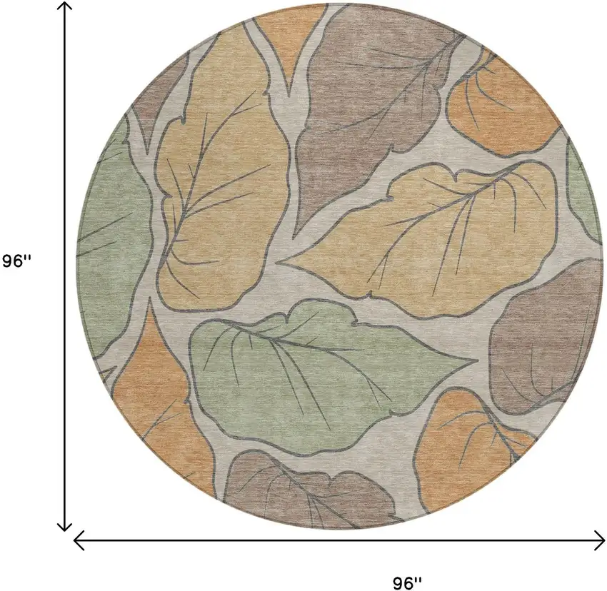 8' Copper Ivory And Sage Round Botanical Leaves Washable Indoor Outdoor Area Rug Photo 3