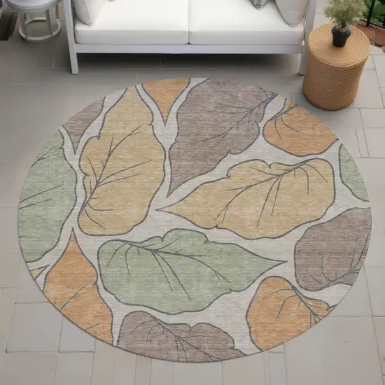 8' Copper Ivory And Sage Round Botanical Leaves Washable Indoor Outdoor Area Rug Photo 9