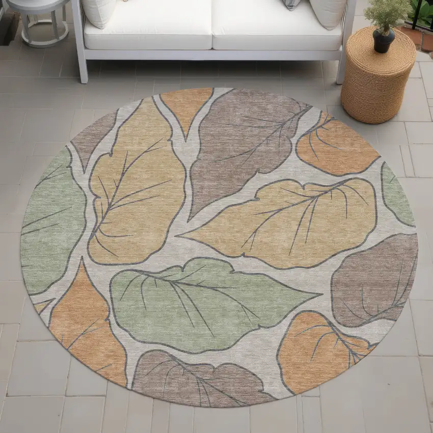 8' Copper Ivory And Sage Round Botanical Leaves Washable Indoor Outdoor Area Rug Photo 9