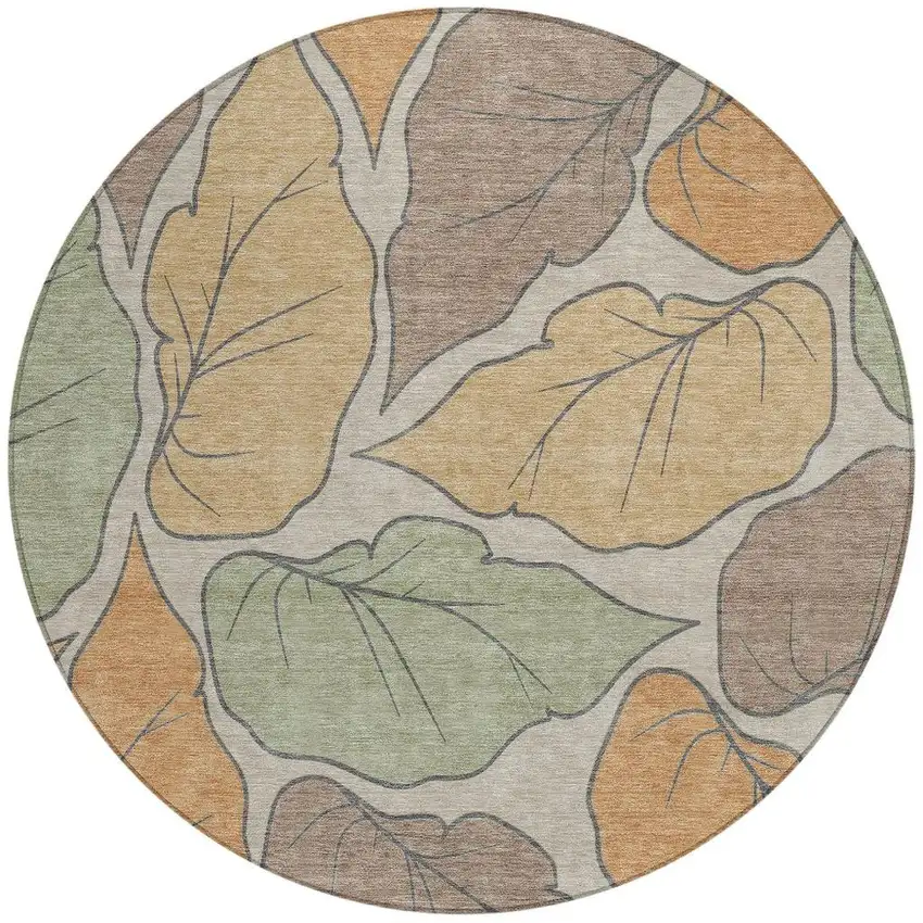 8' Copper Ivory And Sage Round Botanical Leaves Washable Indoor Outdoor Area Rug Photo 4