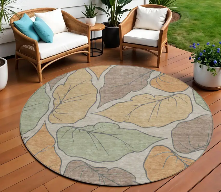 8' Copper Ivory And Sage Round Botanical Leaves Washable Indoor Outdoor Area Rug Photo 1