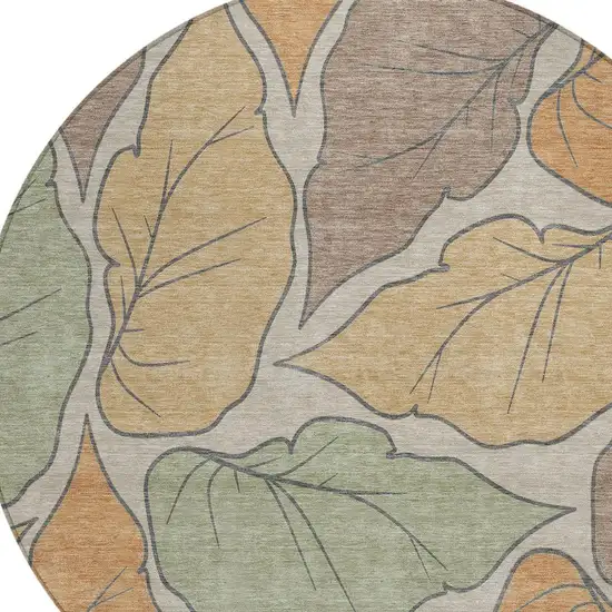 8' Copper Ivory And Sage Round Botanical Leaves Washable Indoor Outdoor Area Rug Photo 6