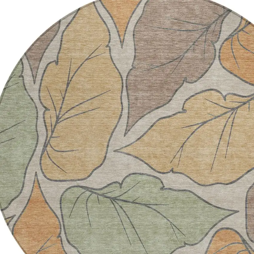 8' Copper Ivory And Sage Round Botanical Leaves Washable Indoor Outdoor Area Rug Photo 6