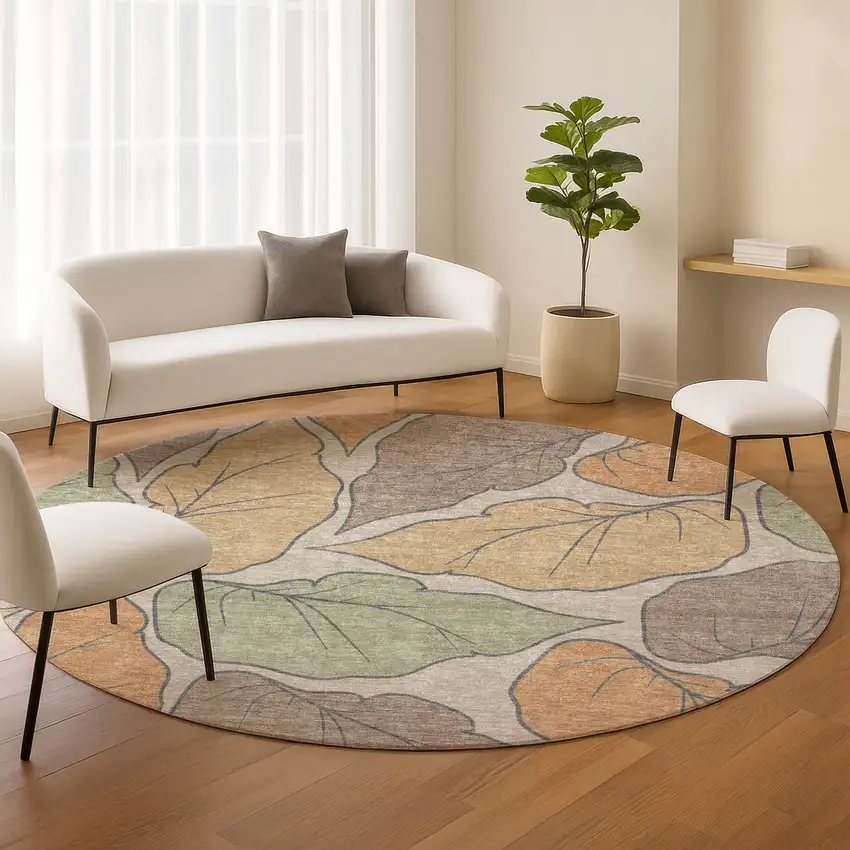 8' Copper Ivory And Sage Round Botanical Leaves Washable Indoor Outdoor Area Rug Photo 9