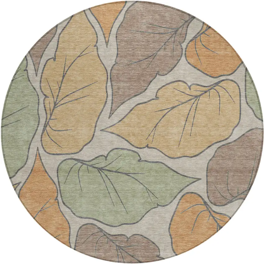 8' Copper Ivory And Sage Round Botanical Leaves Washable Indoor Outdoor Area Rug Photo 2