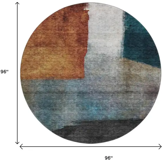 8' Copper Ivory And Teal Abstract Washable Round Rug With UV Protection Photo 8
