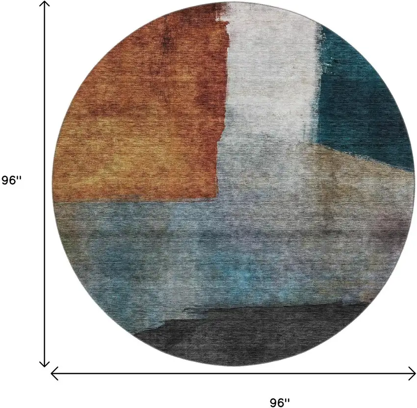 8' Copper Ivory And Teal Abstract Washable Round Rug With UV Protection Photo 8
