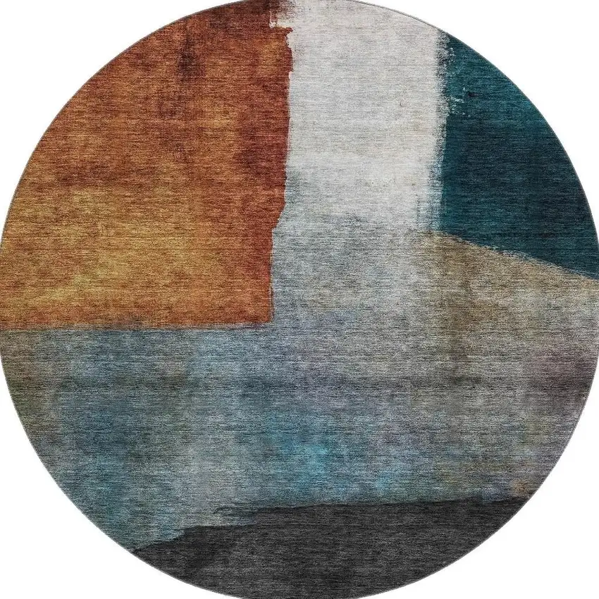 8' Copper Ivory And Teal Abstract Washable Round Rug With UV Protection Photo 2