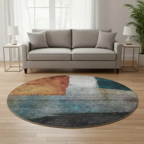 8' Copper Ivory And Teal Abstract Washable Round Rug With UV Protection Photo 2