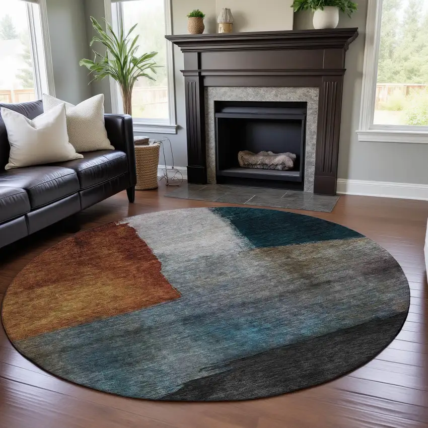 8' Copper Ivory And Teal Abstract Washable Round Rug With UV Protection Photo 3