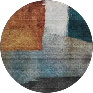 Photo of 8' Copper Ivory And Teal Abstract Washable Round Rug With UV Protection
