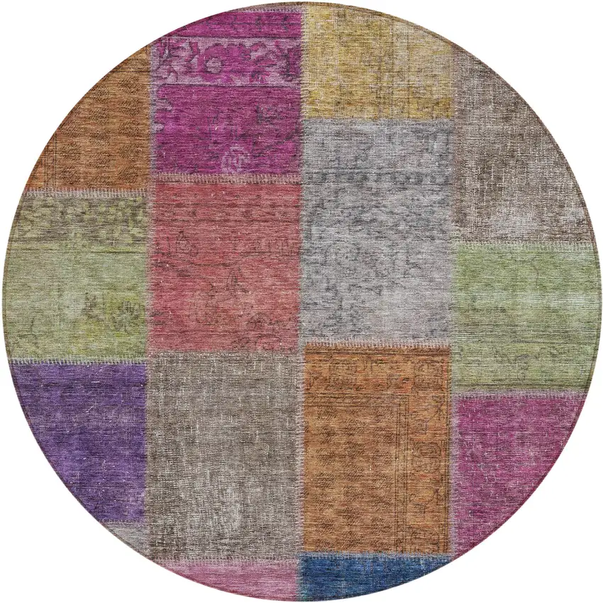 8' Copper Navy Blue And Gold Round Patchwork Washable Indoor Outdoor Area Rug Photo 2