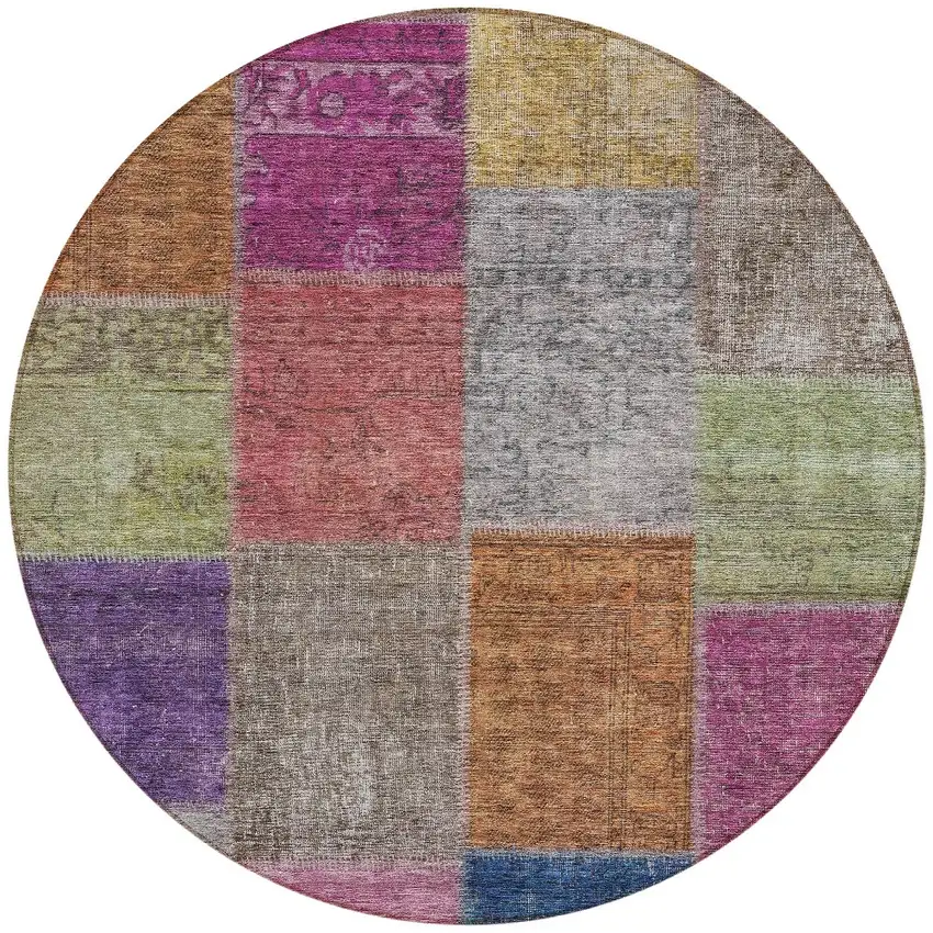 8' Copper Navy Blue And Gold Round Patchwork Washable Indoor Outdoor Area Rug Photo 4