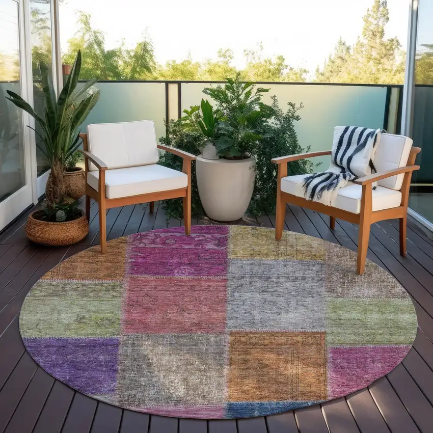 8' Copper Navy Blue And Gold Round Patchwork Washable Indoor Outdoor Area Rug Photo 6