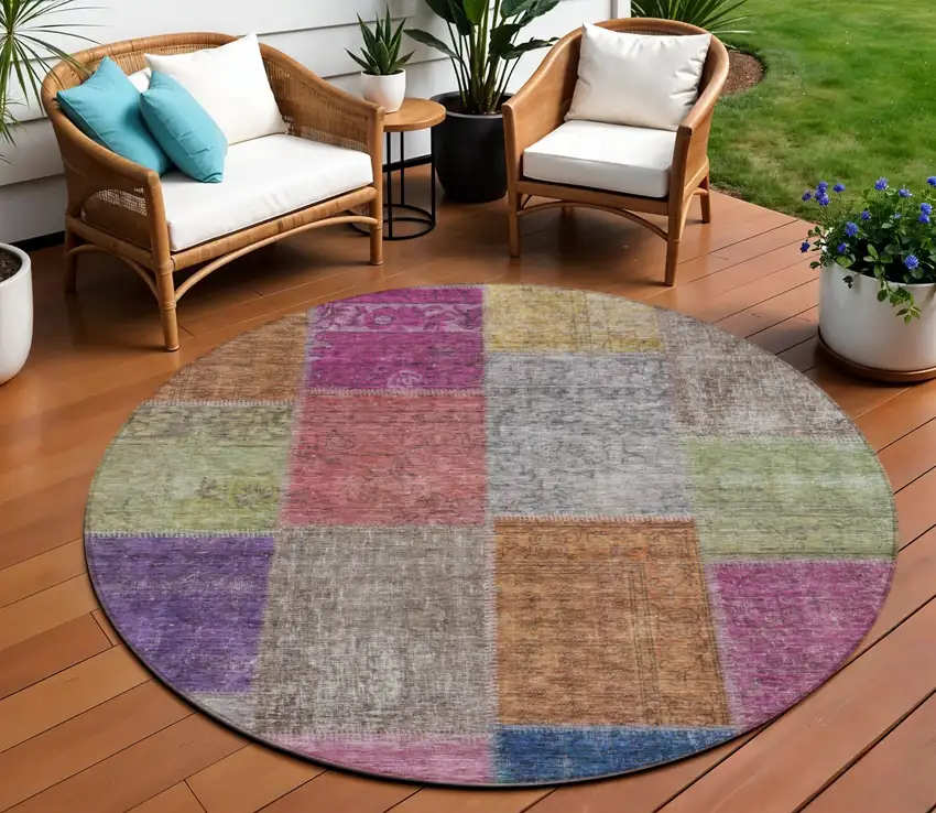 8' Copper Navy Blue And Gold Round Patchwork Washable Indoor Outdoor Area Rug Photo 1