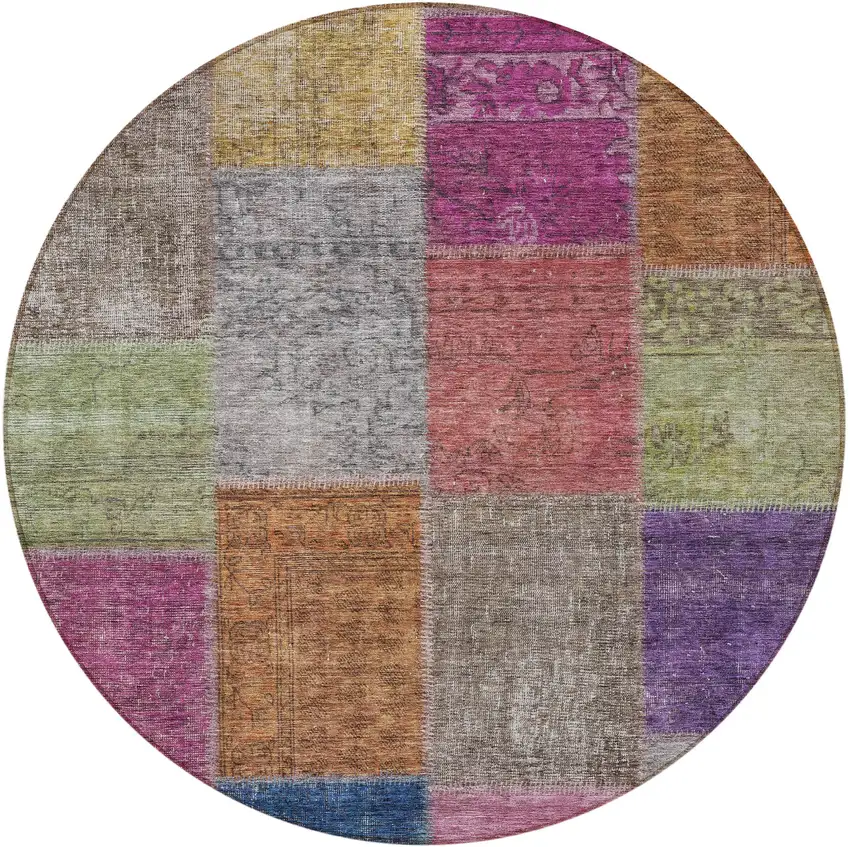 8' Copper Navy Blue And Gold Round Patchwork Washable Indoor Outdoor Area Rug Photo 5
