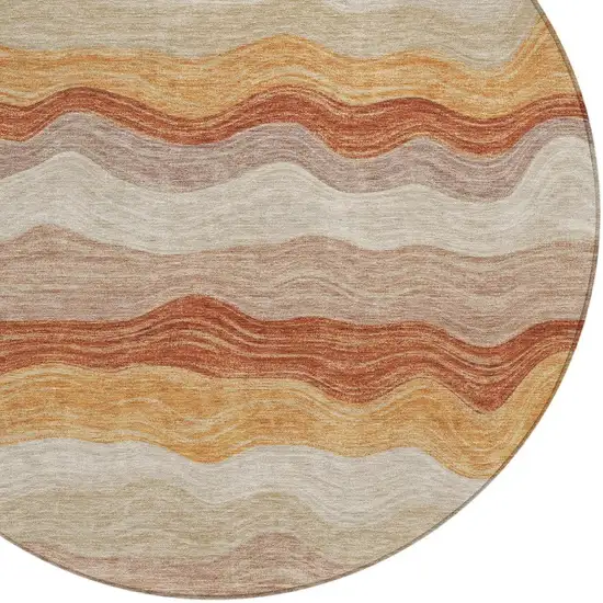 8' Copper Orange And Beige Round Striped Washable Indoor Outdoor Area Rug Photo 2