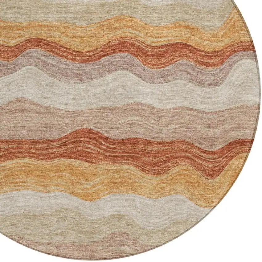 8' Copper Orange And Beige Round Striped Washable Indoor Outdoor Area Rug Photo 2