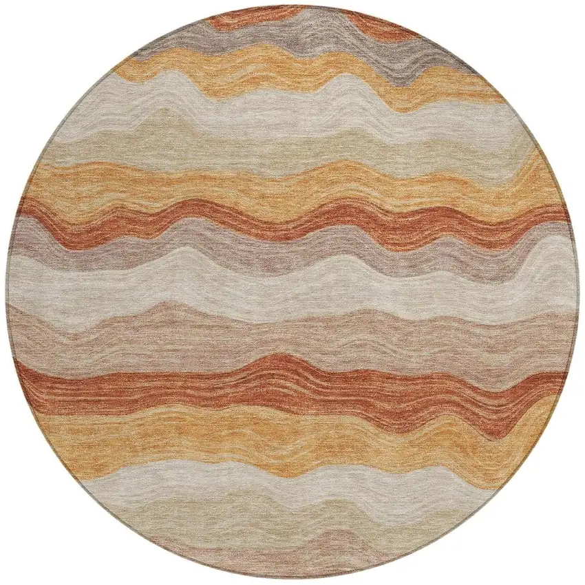 8' Copper Orange And Beige Round Striped Washable Indoor Outdoor Area Rug Photo 3