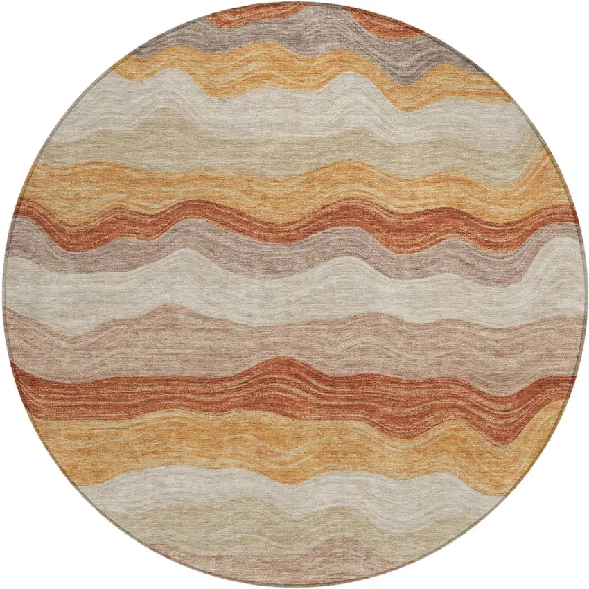 8' Copper Orange And Beige Round Striped Washable Indoor Outdoor Area Rug Photo 1