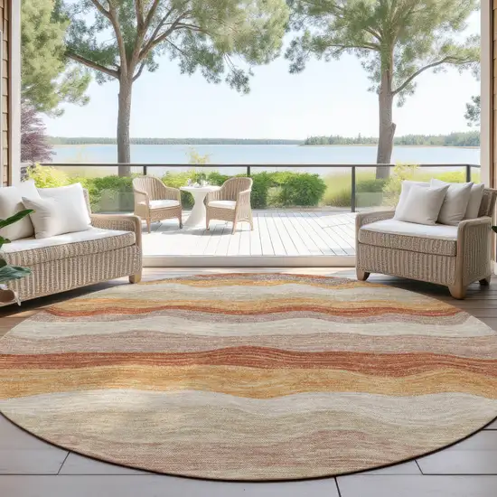 8' Copper Orange And Beige Round Striped Washable Indoor Outdoor Area Rug Photo 4
