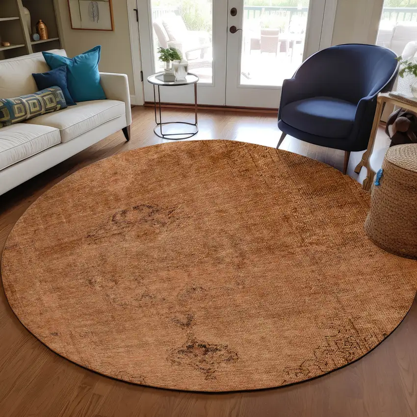 8' Copper Orange And Brown Round Oriental Washable Indoor Outdoor Area Rug Photo 7