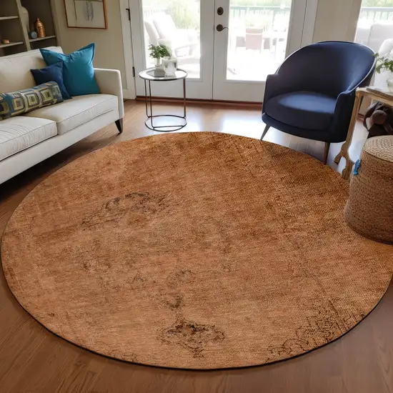 8' Copper Orange And Brown Round Oriental Washable Indoor Outdoor Area Rug Photo 7