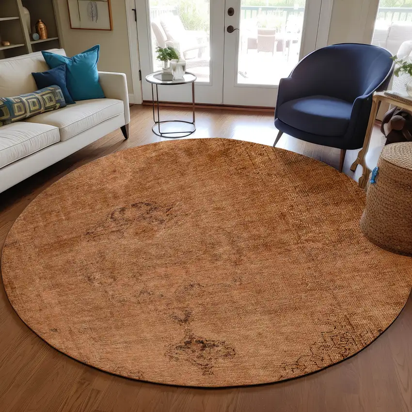 8' Copper Orange And Brown Round Oriental Washable Indoor Outdoor Area Rug Photo 7