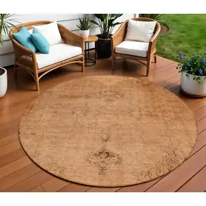 Photo of 8' Copper Orange And Brown Round Oriental Washable Indoor Outdoor Area Rug