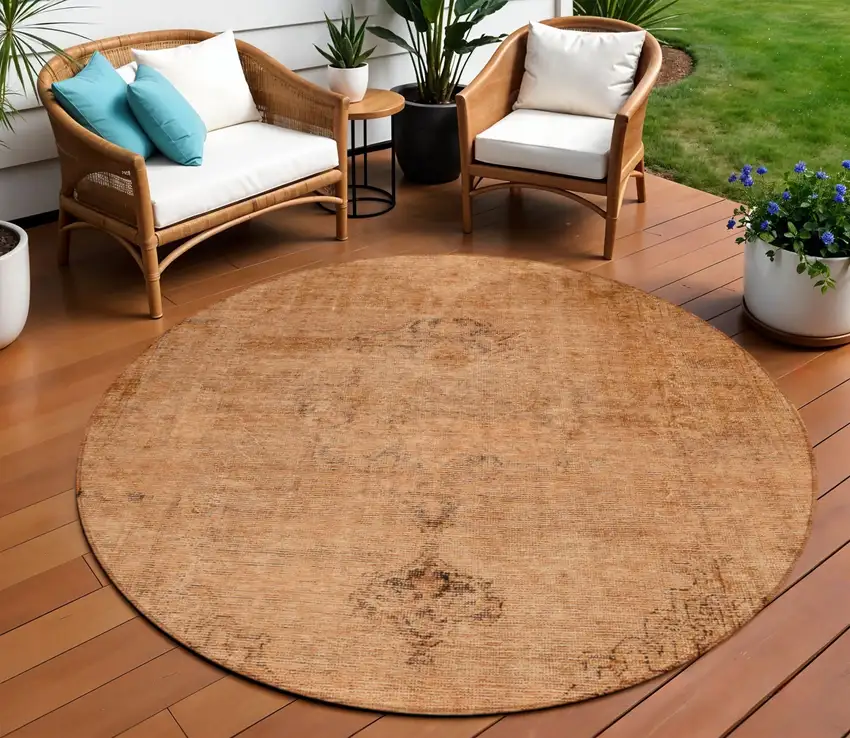 8' Copper Orange And Brown Round Oriental Washable Indoor Outdoor Area Rug Photo 1