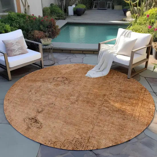 8' Copper Orange And Brown Round Oriental Washable Indoor Outdoor Area Rug Photo 6
