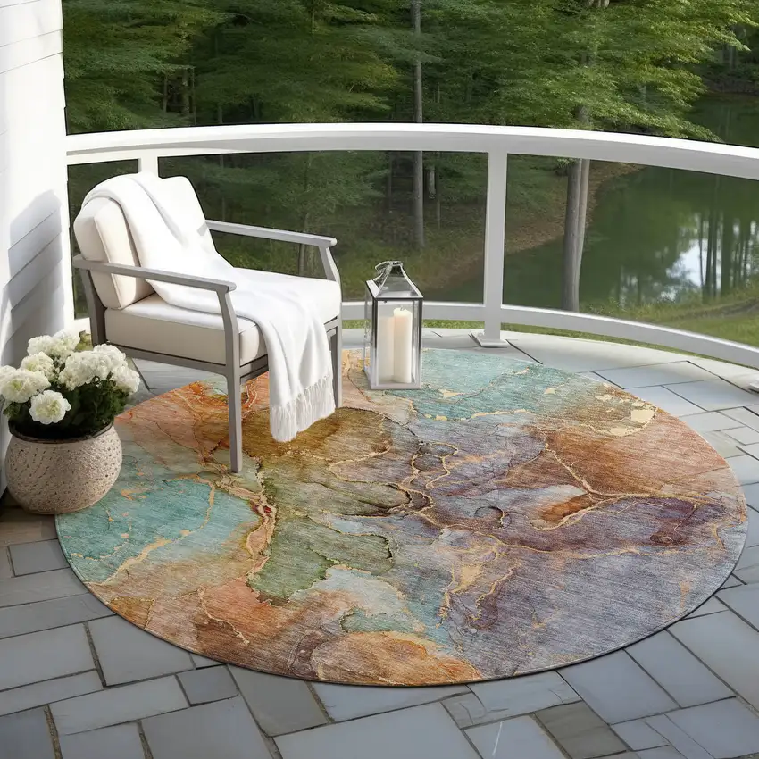 8' Copper Orange And Teal Blue Round Abstract Washable Indoor Outdoor Area Rug Photo 8