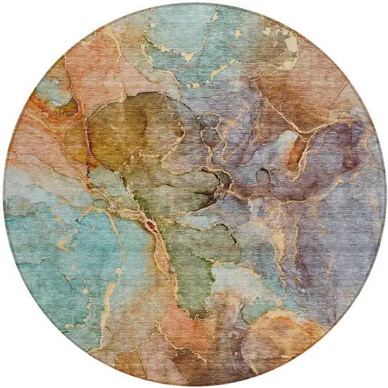 8' Copper Orange And Teal Blue Round Abstract Washable Indoor Outdoor Area Rug Photo 2