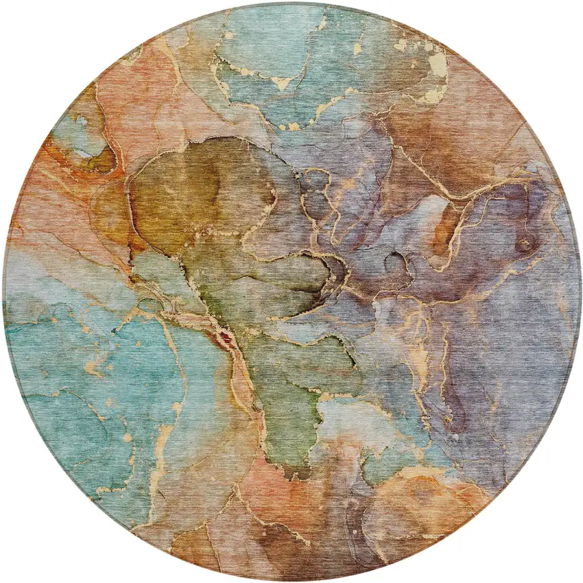 8' Copper Orange And Teal Blue Round Abstract Washable Indoor Outdoor Area Rug Photo 2