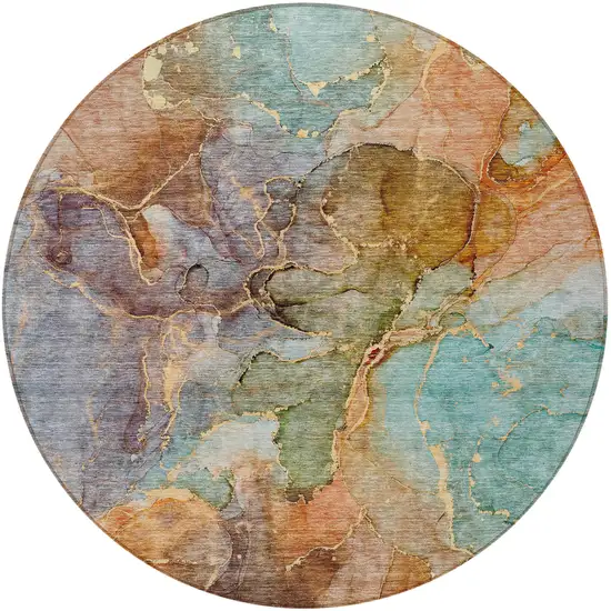 8' Copper Orange And Teal Blue Round Abstract Washable Indoor Outdoor Area Rug Photo 7