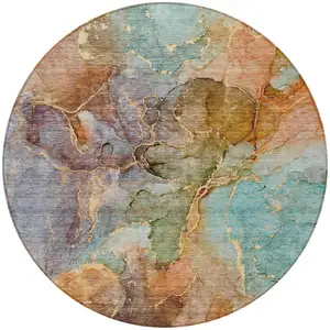 Photo of 8' Copper Orange And Teal Blue Round Abstract Washable Indoor Outdoor Area Rug