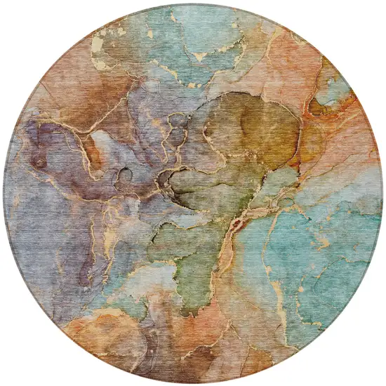 8' Copper Orange And Teal Blue Round Abstract Washable Indoor Outdoor Area Rug Photo 7