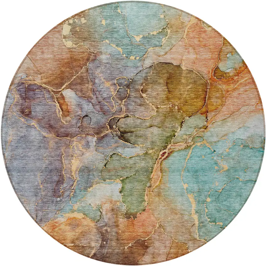 8' Copper Orange And Teal Blue Round Abstract Washable Indoor Outdoor Area Rug Photo 7